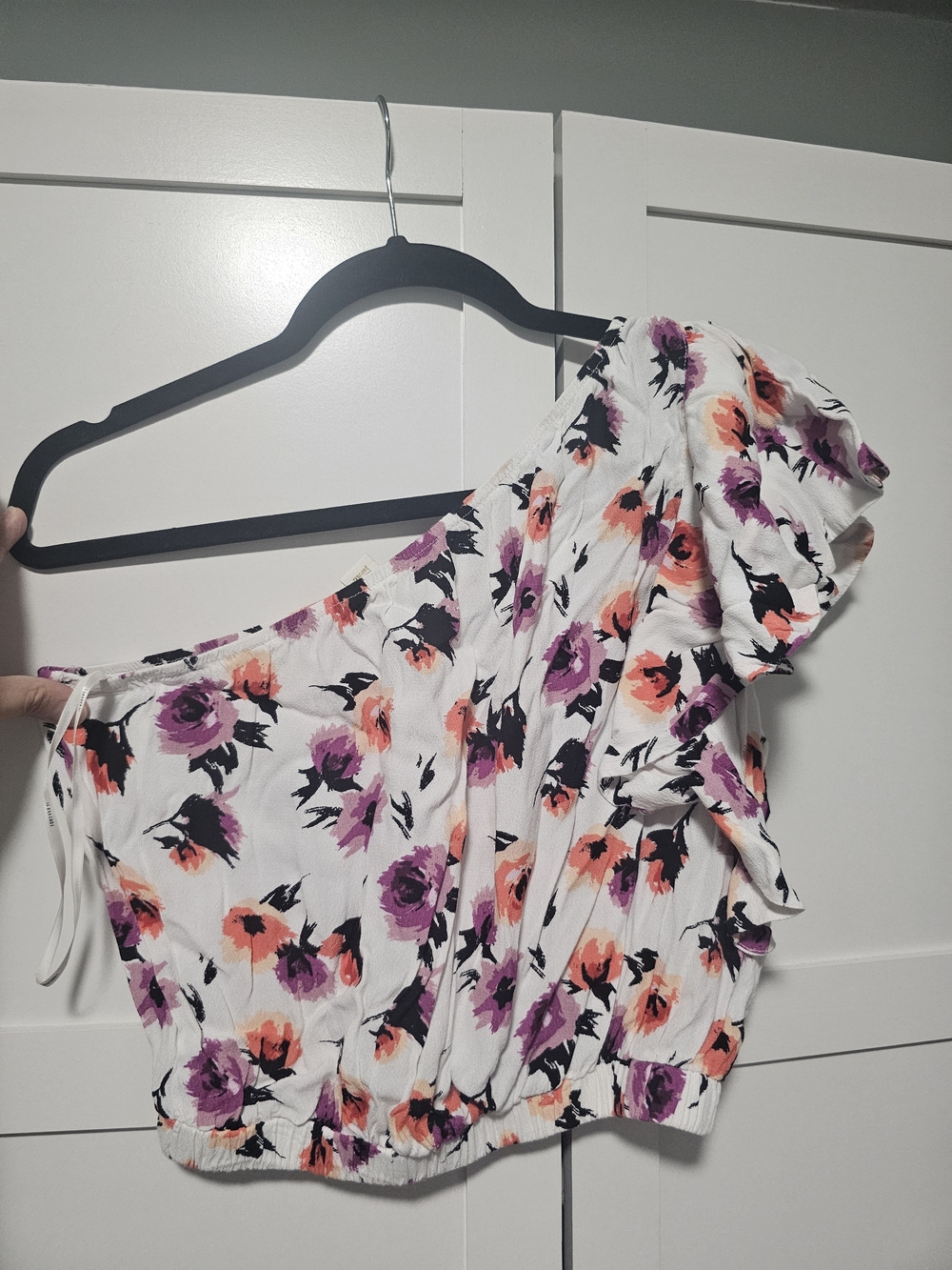 Forever 21 White One-Shoulder Floral Crop Top with Purple & Coral Flowers